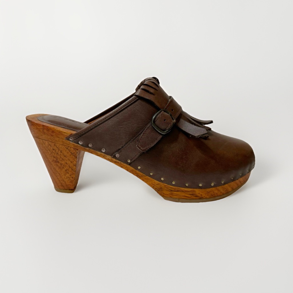 Rachel Comey Brown Leather Fringe Wood Heel Clogs Mules
